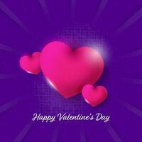 Happy Valentine's Day Concept With Glossy Pink Hearts On Purple Halftone Rays Background. vector