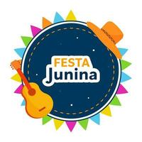 Sticker Style Festa Junina Font Over Circular Frame With Hat, Guitar On White Background. vector