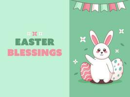 Easter Blessings Or Greeting Card With Cute Bunny, Printed Eggs, Flowers And Bunting Flags On Green Background. vector