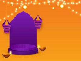 Lit Oil Lamps With Hanging Lanterns, Lighting Garland, Empty Podium On Purple And Chrome Yellow Background. vector