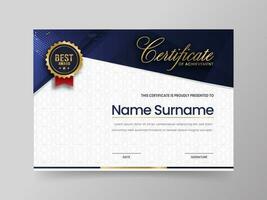 Horizontal Certificate Of Achievement Template With Award Badge In Blue And White Color. vector