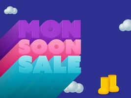 Advertising Poster Design With 3D Monsoon Sale Font, Boots And Clouds On Blue Background. vector