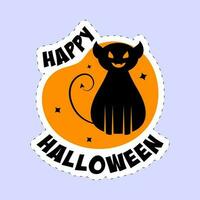 Sticker Style Happy Halloween Font With Scary Cat On Orange And Blue Background. vector