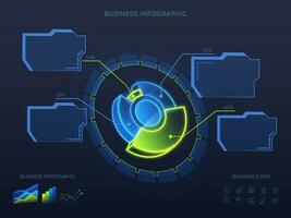 Infographic elements - pie chart, bar lines, linear lines and comparison charts on blue background. 3D HUD style presentation. Neon Lighting. vector