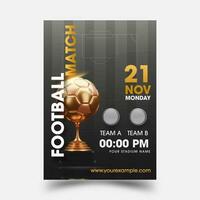 fútbol americano competencia volantes o póster modelo con realista dorado fútbol americano taza, y partido día detalles. vector
