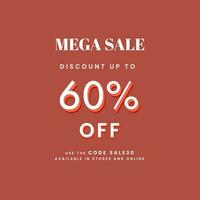 Mega Sale Poster Design With Discount Offer And Leaves Decorated On Burnt Red Background. vector