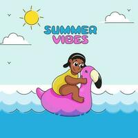 Summer Vibes Poster Design With Cartoon Little Girl Riding At Duck Toy On Blue Water Background. vector