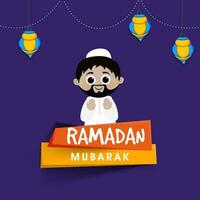 Ramadan Mubarak Muslim Man Praying And Lanterns Hang On Violet Background. vector