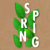 White Spring Font With 3D Green Leaves Decorated On Brown Twirl Liquid Background. vector