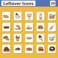 Colorful Set Food With Drink Leftover Icons On Square Background. vector