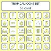 Flat Style Tropical Icon Set On Square White And Yellow Background. vector