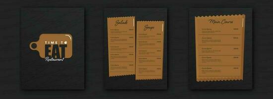 Time To Eat Restaurant Menu Card Templates With Menu Details In Black And Brown Color. vector