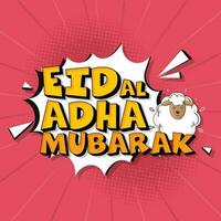 Eid Al Adha Mubarak Font With Cartoon Sheep On Red And White Pop Art Style Background. vector