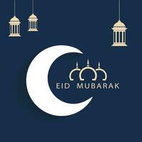 Eid Mubarak Font With Line Art Mosque, Crescent Moon, Lanterns Hang On Blue Background. vector