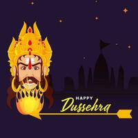 Happy Dussehra Font With Flaming Arrow And Demon Ravana On Purple Silhouette Temple Or Ayodhya Background. vector