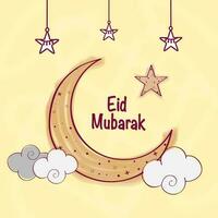 eid Mubarak celebracion concepto con creciente luna, estrellas, nubes decorado en amarillo antecedentes. vector