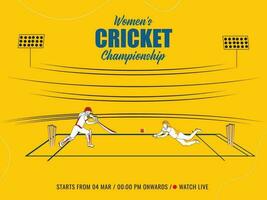 Live Women's Cricket Championship Concept With Batter Player Hitting Ball And Fielder Player In Catch Pose On Chrome Yellow Background. vector