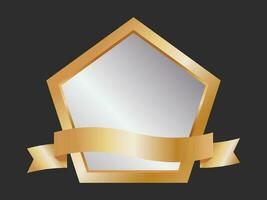 Empty Shield Frame Or Label With Golden Ribbon On Black Background. vector