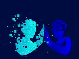Human Giving Virtual High Five Through VR Box With Hologram Graphic On Blue Background For Metaverse Technology Concept. vector