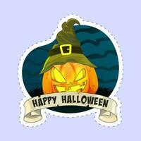 Sticker Style Happy Halloween Font With Jack-O-Lantern Wearing Witch Hat On Blue Background. vector