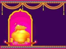 Golden Pot Full Of Coins With Lotus Flower, Lit Oil Lamps, Marigold Garland And Copy Space On Pink And Purple Background. vector