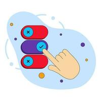 Hand Touching Slider Buttons On Blue And White Background. vector