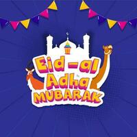 3D Eid Al Adha Mubarak Font With Paper Cut Mosque, Camel, Goat And Bunting Flags Decorated On Blue Rays Halftone Background. vector