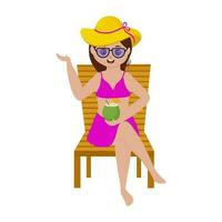 Young Girl Enjoying Coconut Drink At Chair In Swimsuit. vector