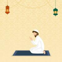 Side View Of Islamic Man Offering Namaz At Mat And Arabic Lanterns On Orange Islamic Pattern Background With Copy Space. vector