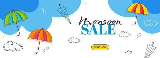 Monsoon Sale Banner Or Header Design Decorated With Umbrella, Drops, Clouds On Blue And White Background. vector