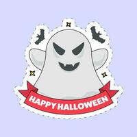 Happy Halloween Font With Comic Ghost And Flying Bats In Sticker Style On Blue Background. vector