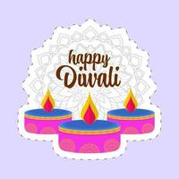 Happy Diwali Font With Lit Tealight Candles And Mandala Pattern In Sticky On Violet Background. vector