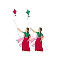 Cartoon Indian Young Girls Flying Kites On White Background. vector