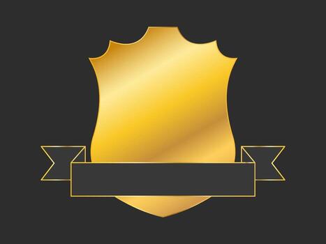 Golden Empty Shield Frame Or Label With Ribbon On Black Background. vector