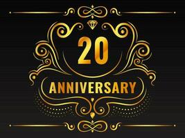 Golden 20th Anniversary Emblem With Motif On Black Background. vector