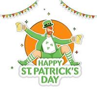 Sticker Style Happy St. Patrick's Day Font With Cartoon Leprechaun Man Holding Beer Mugs, Bunting Flags On Orange And White Background. vector