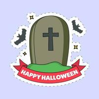Sticker Style Happy Halloween Font With Tombstone, Flying Bats On Blue Background. vector