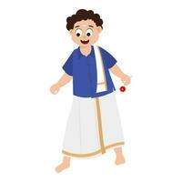 South Indian Cartoon Boy Holding A Flower On White Background. vector