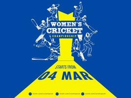 Women's Cricket Championship Concept With Different Poses Of Female Cricketer Players On Yellow And Blue Background. vector