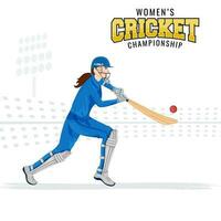 Women's Cricket Championship Concept With Female Batter Player Hitting The Ball On White Stadium View Background. vector
