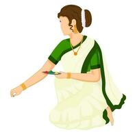 South Indian Young Lady Holding Colors Plate For Making Rangoli. vector