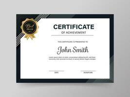 Certificate Of Achievement Template Layout With Badge In White And Black Color. vector