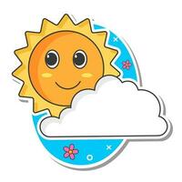 Sticker Style Smiley Sun With Cloud, Flowers On Blue And White Background. vector