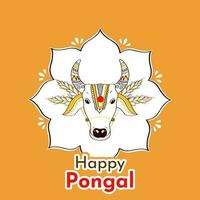 Sticker Style Happy Pongal Font With Doodle Style Bull Face On White And Dark Yellow Background. vector