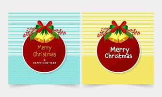 Merry Christmas Greeting Card With Jingle Bell, Holly Berries Against Background In Blue And Yellow Color Options. vector