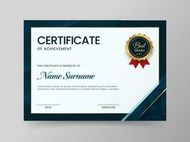 Horizontal Certificate Of Achievement Template In Blue And White Color. vector