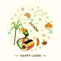 contento lohri celebracion saludo tarjeta con dibujos animados punjabi hombre jugando tambor y festival elementos decorado antecedentes. vector