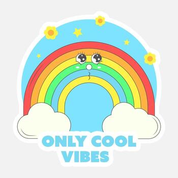 Only Cool Vibes Font With Funny Rainbow, Clouds, Flowers On Blue And Gray Background. vector
