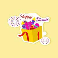 Sticker Style Open Firecracker Box Over Yellow Background For Happy Diwali Celebration. vector