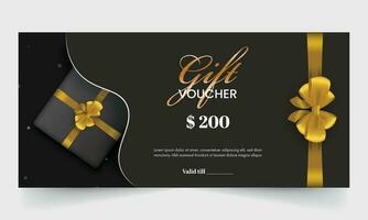 Gift Voucher Banner Or Header Layout With Realistic Gift Box And Bow Ribbon On Black Background. vector